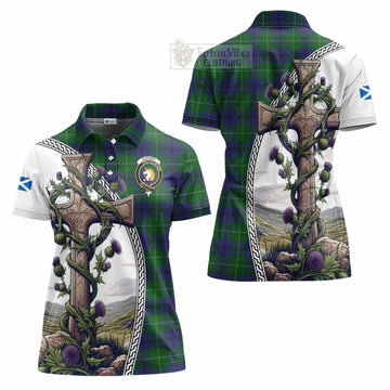Oliphant Tartan Women's Polo Shirt with Family Crest and St. Andrew's Cross Accented by Thistle Vines Women - Tartan Vibes Clothing