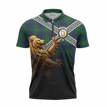 Oliphant Crest Tartan Zipper Polo Shirt with Golden Lion Emblem Celtic Style Unisex - Tartan Vibes Clothing
