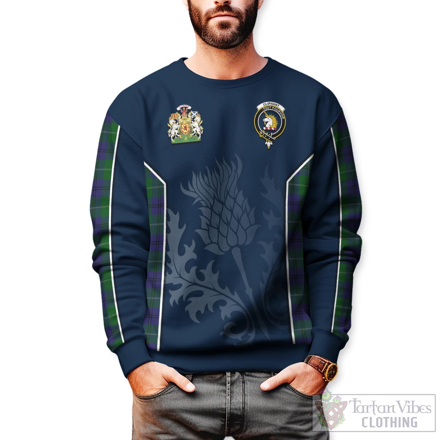 Oliphant Tartan Sweatshirt with Family Crest and Scottish Thistle Vibes Sport Style Unisex - Tartan Vibes Clothing