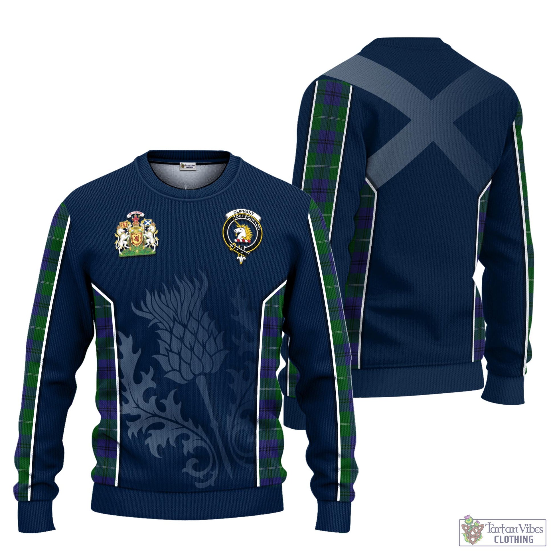 Oliphant Tartan Knitted Sweatshirt with Family Crest and Scottish Thistle Vibes Sport Style Unisex - Tartan Vibes Clothing