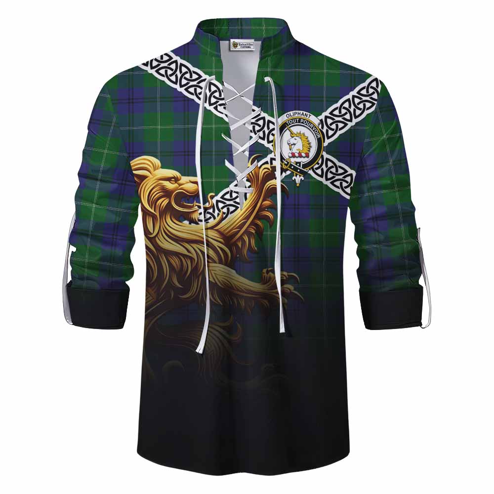 Oliphant Crest Tartan Ghillie Kilt Shirt with Golden Lion Emblem Celtic Style Men - Tartan Vibes Clothing