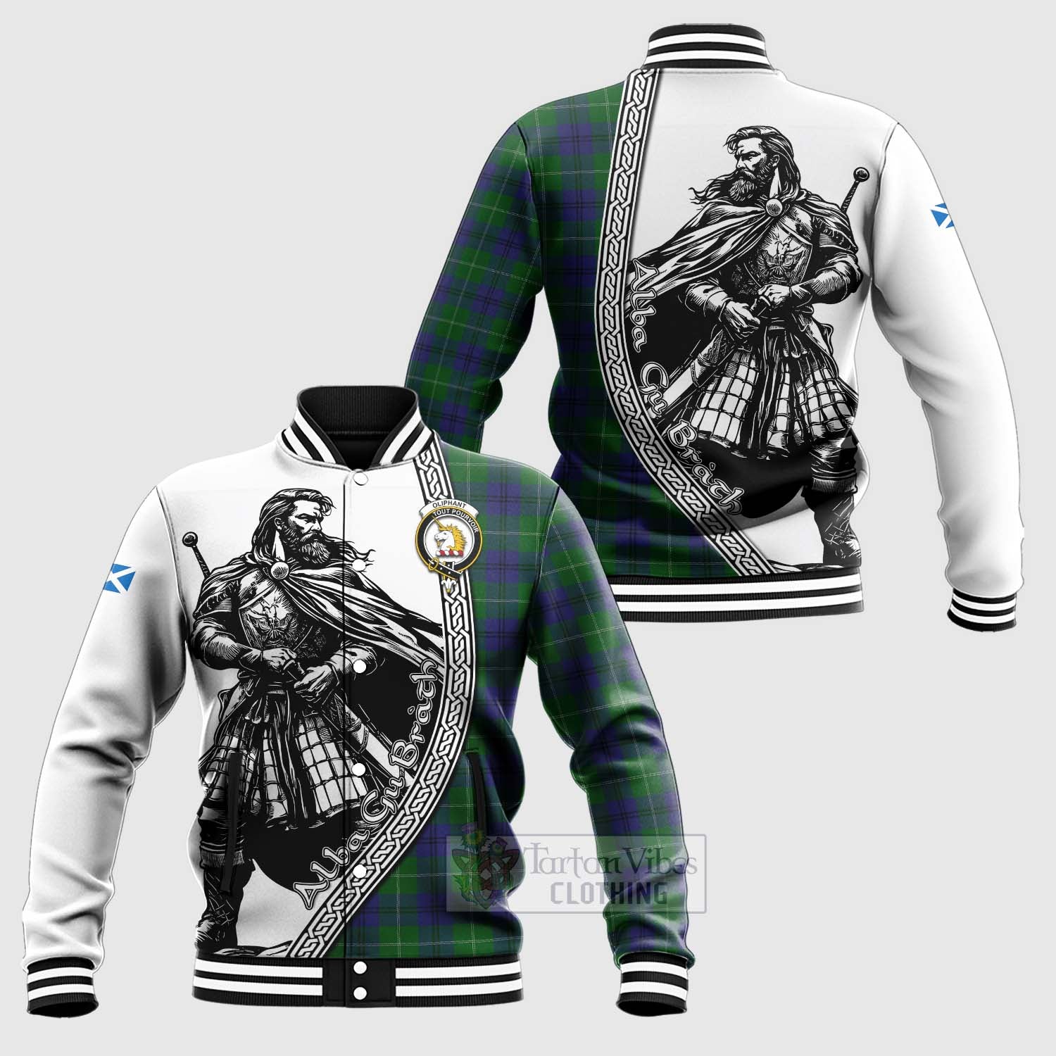 Oliphant Tartan Clan Crest Baseball Jacket with Highlander Warrior Celtic Style Unisex - Tartan Vibes Clothing