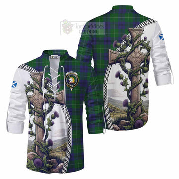 Oliphant Tartan Ghillie Kilt Shirt with Family Crest and St. Andrew's Cross Accented by Thistle Vines Men - Tartan Vibes Clothing