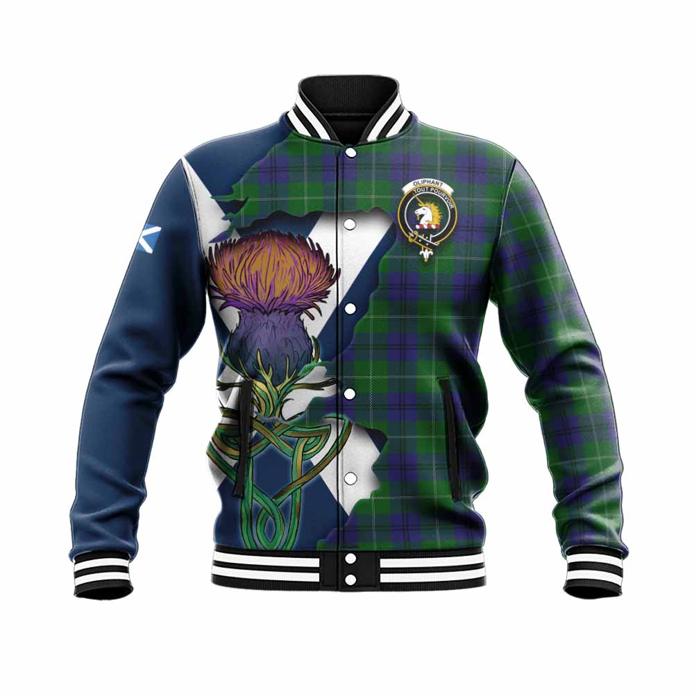Tartan Vibes Clothing Oliphant Tartan Family Crest Baseball Jacket Scottish Thistle Celtic Inspired