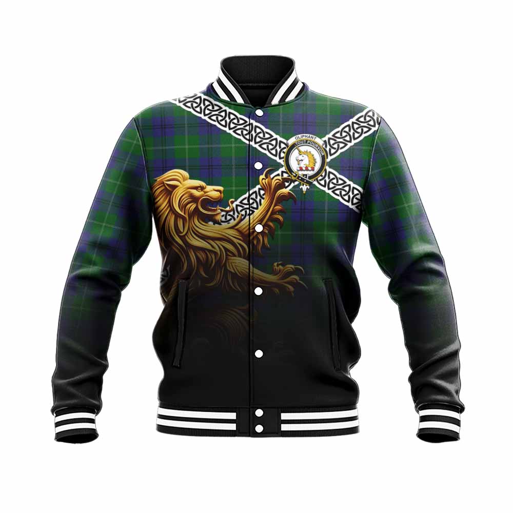 Oliphant Crest Tartan Baseball Jacket with Golden Lion Emblem Celtic Style Unisex - Tartan Vibes Clothing