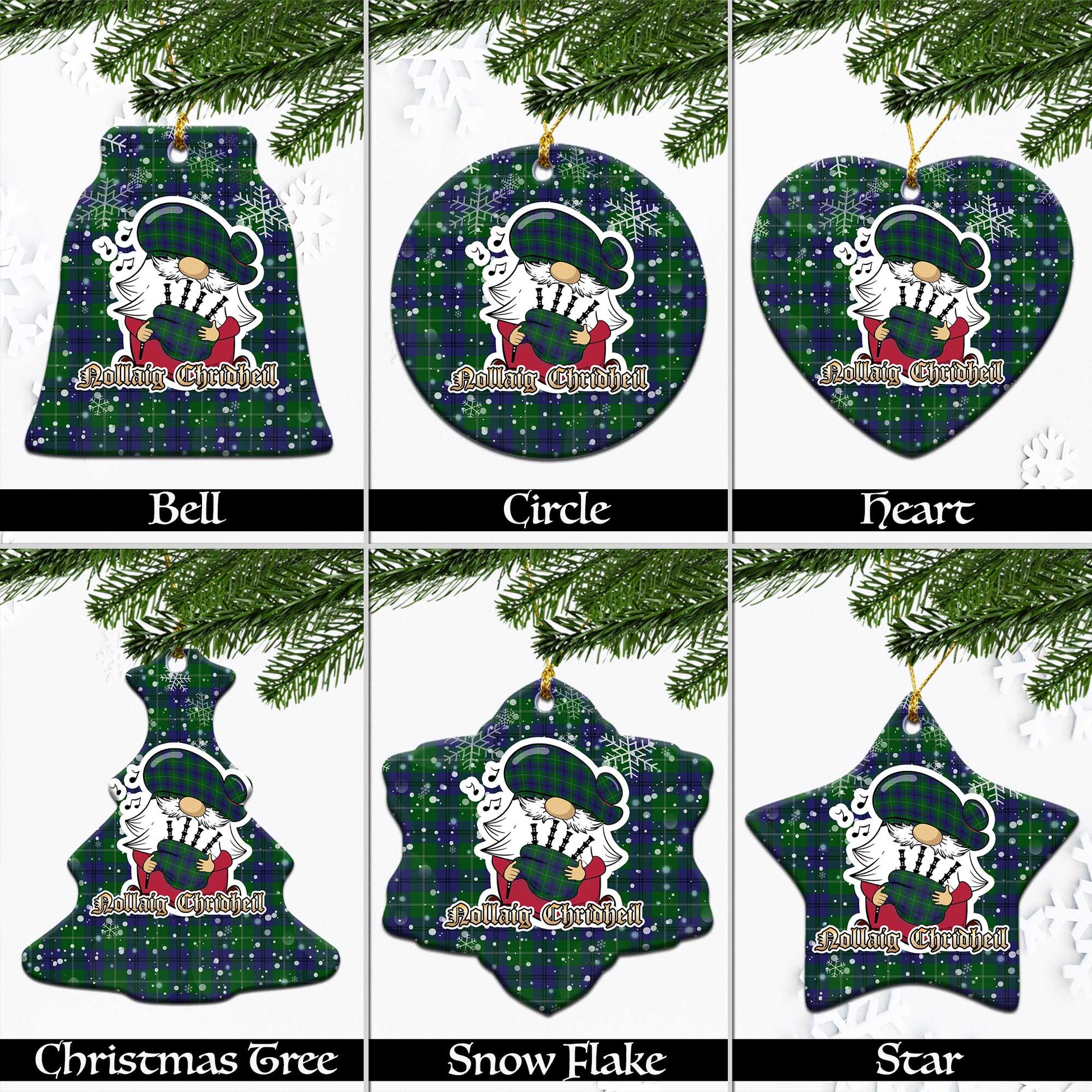 Oliphant Tartan Christmas Ceramic Ornaments with Scottish Gnome Playing Bagpipes Ceramic - Tartan Vibes Clothing