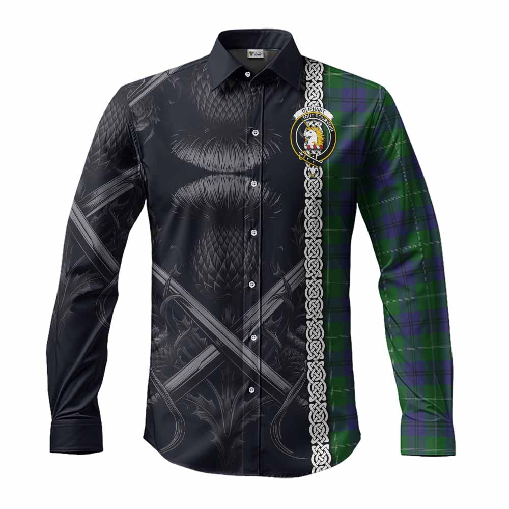 Tartan Vibes Clothing Oliphant Tartan Long Sleeve Button Shirt with Family Crest Cross Sword Thistle Celtic Vibes