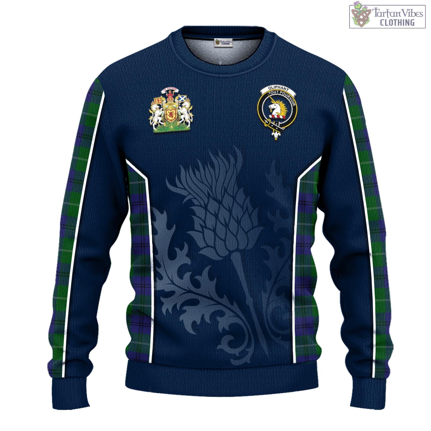 Oliphant Tartan Knitted Sweatshirt with Family Crest and Scottish Thistle Vibes Sport Style - Tartan Vibes Clothing