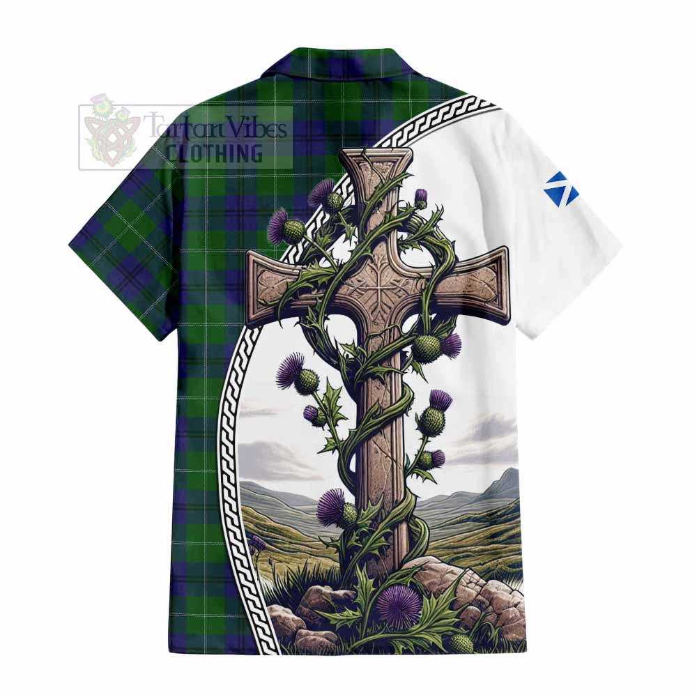 Oliphant Tartan Hawaiian Shirt with Family Crest and St. Andrew's Cross Accented by Thistle Vines - Tartan Vibes Clothing