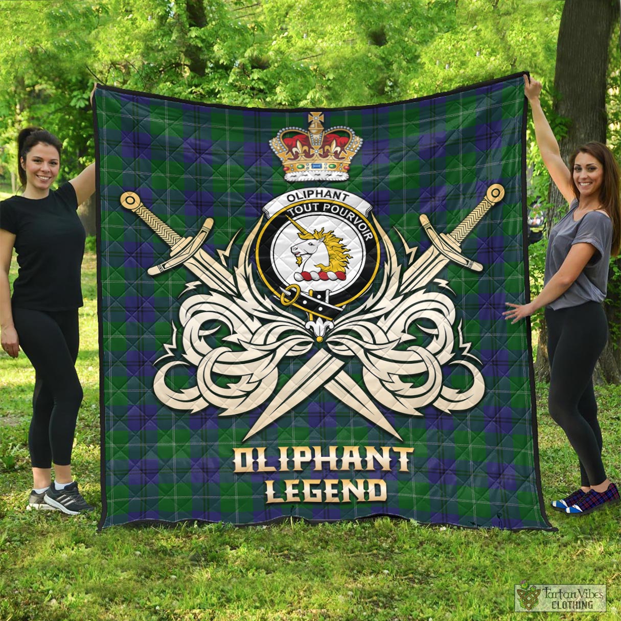 Oliphant Tartan Quilt with Clan Crest and the Golden Sword of Courageous Legacy - Tartan Vibes Clothing