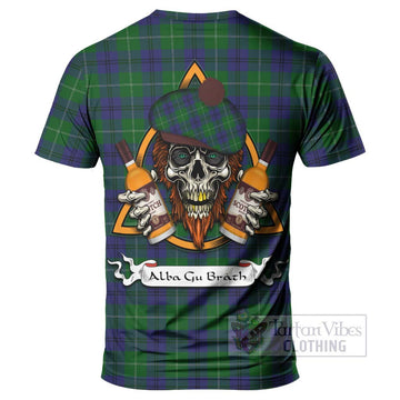 Oliphant Tartan T-Shirt with Family Crest and Bearded Skull Holding Bottles of Whiskey - Tartan Vibes Clothing