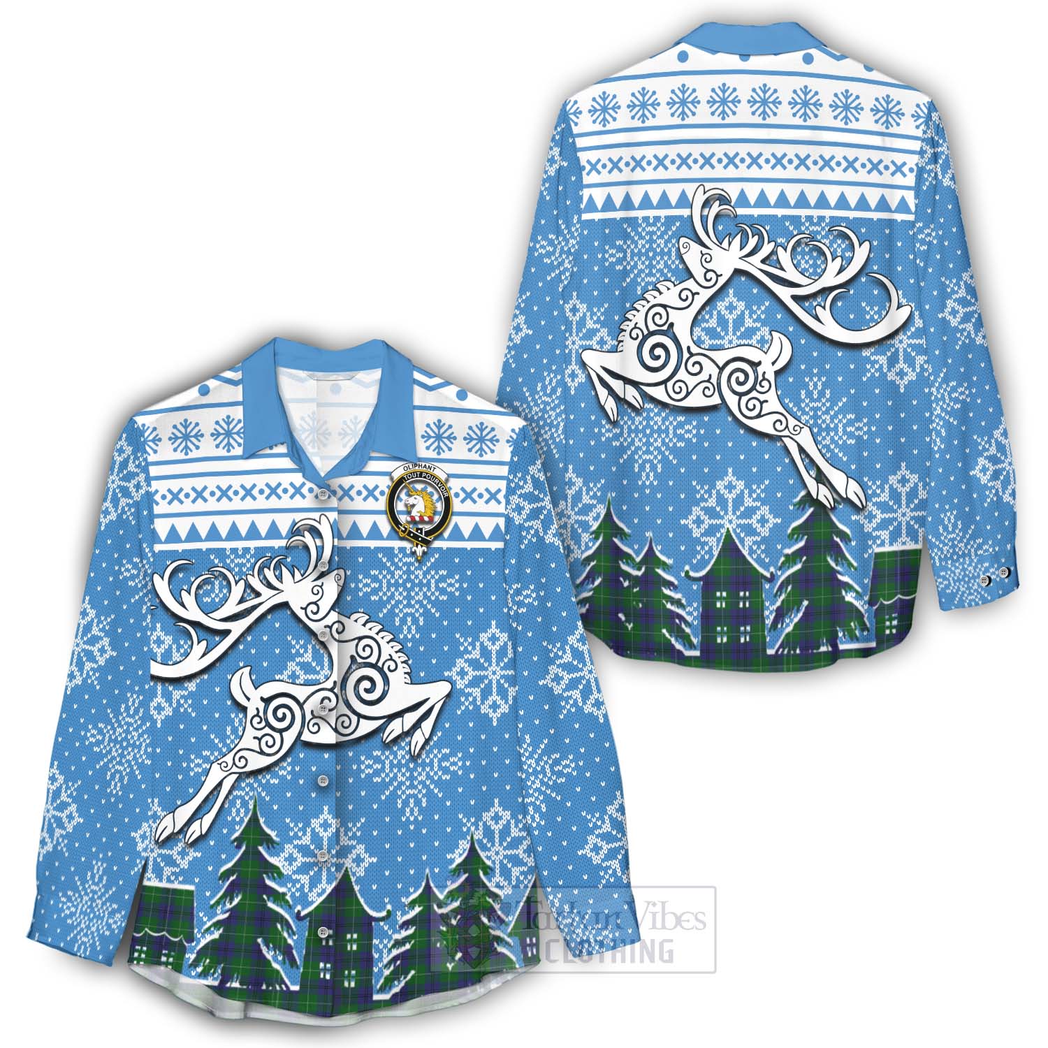 Oliphant Clan Christmas Women's Casual Shirt Celtic Reindeer Style - Tartan Vibes Clothing