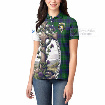 Oliphant Tartan Women's Polo Shirt with Family Crest and St. Andrew's Cross Accented by Thistle Vines - Tartan Vibes Clothing