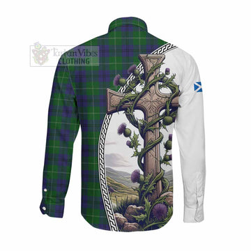 Oliphant Tartan Long Sleeve Button Shirt with Family Crest and St. Andrew's Cross Accented by Thistle Vines Men's Shirt - Tartan Vibes Clothing