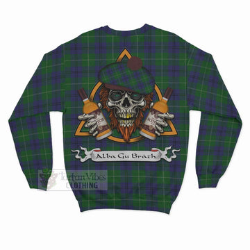 Oliphant Tartan Sweatshirt with Family Crest and Bearded Skull Holding Bottles of Whiskey - Tartan Vibes Clothing
