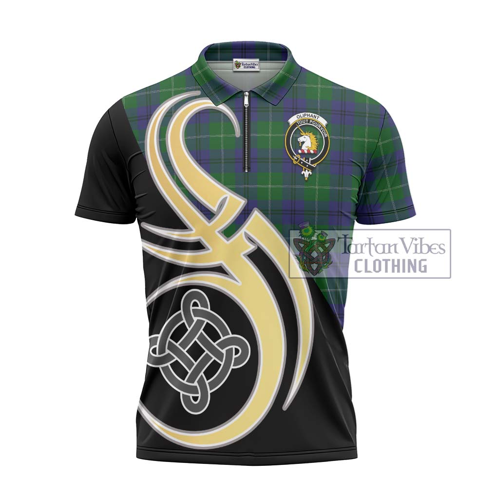 Oliphant Tartan Zipper Polo Shirt with Family Crest and Celtic Symbol Style - Tartan Vibes Clothing