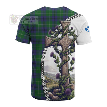 Oliphant Tartan Cotton T-shirt with Family Crest and St. Andrew's Cross Accented by Thistle Vines - Tartan Vibes Clothing
