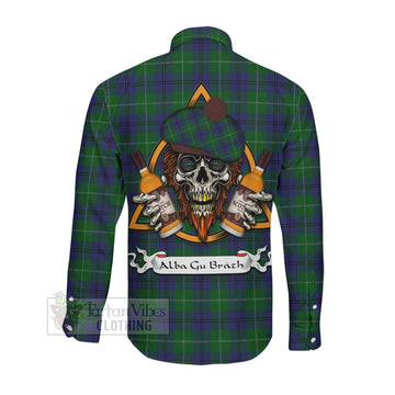 Oliphant Tartan Long Sleeve Button Shirt with Family Crest and Bearded Skull Holding Bottles of Whiskey Men's Shirt - Tartan Vibes Clothing