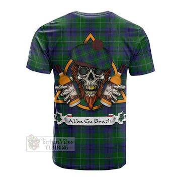 Oliphant Tartan Cotton T-shirt with Family Crest and Bearded Skull Holding Bottles of Whiskey - Tartan Vibes Clothing