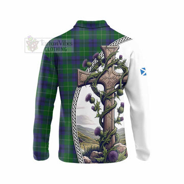 Oliphant Tartan Long Sleeve Polo Shirt with Family Crest and St. Andrew's Cross Accented by Thistle Vines - Tartan Vibes Clothing