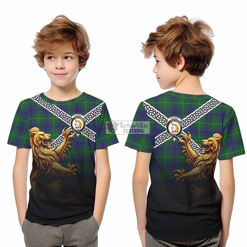 Oliphant Crest Tartan Kid T-Shirt with Golden Lion Emblem Celtic Style - Tartan Vibes Clothing
