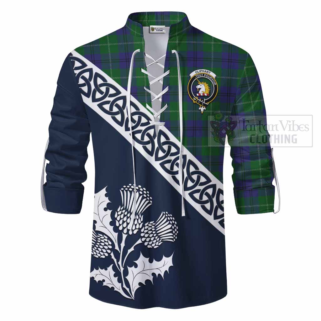 Oliphant Tartan Ghillie Kilt Shirt Featuring Thistle and Scotland Map - Tartan Vibes Clothing