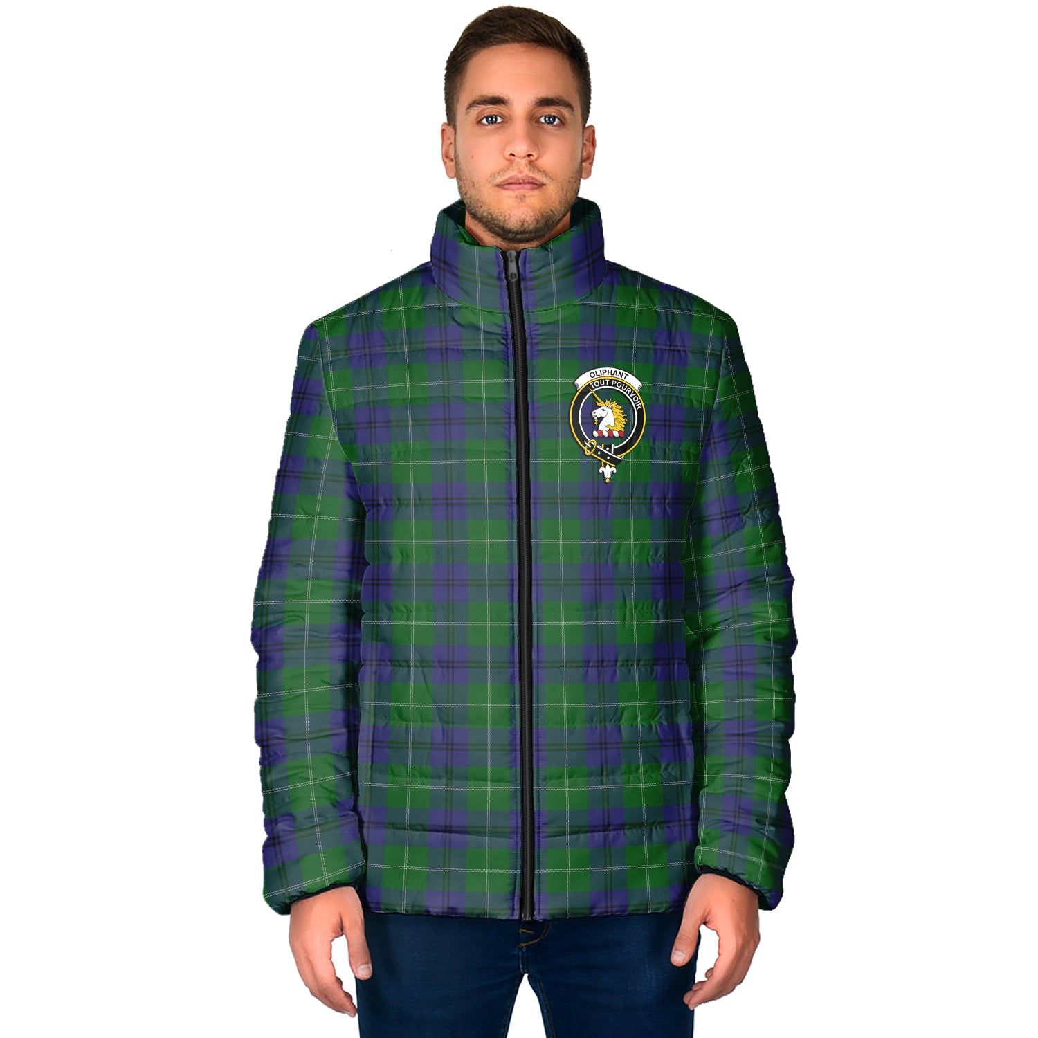 Oliphant Tartan Padded Jacket with Family Crest - Tartan Vibes Clothing