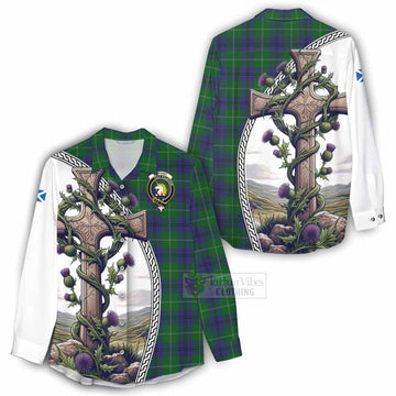 Oliphant Tartan Women's Casual Shirt with Family Crest and St. Andrew's Cross Accented by Thistle Vines - Tartan Vibes Clothing