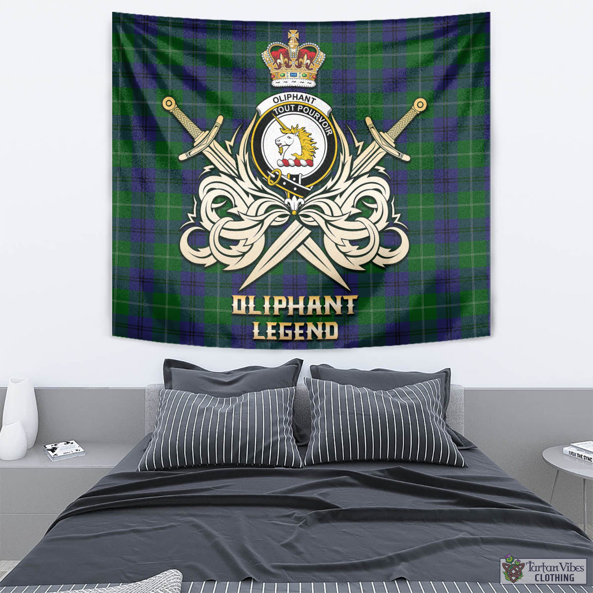 Oliphant Tartan Tapestry with Clan Crest and the Golden Sword of Courageous Legacy - Tartan Vibes Clothing