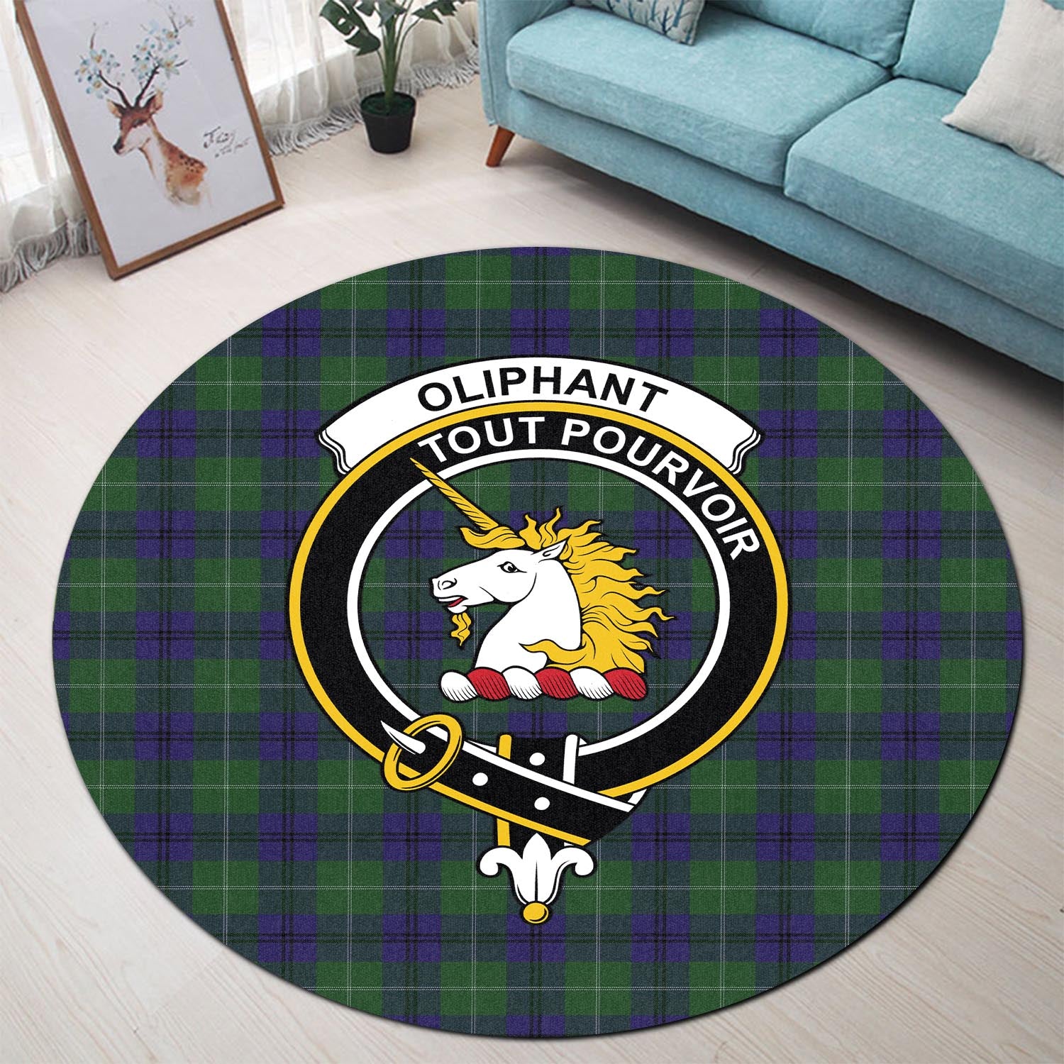 Oliphant Tartan Round Rug with Family Crest - Tartan Vibes Clothing