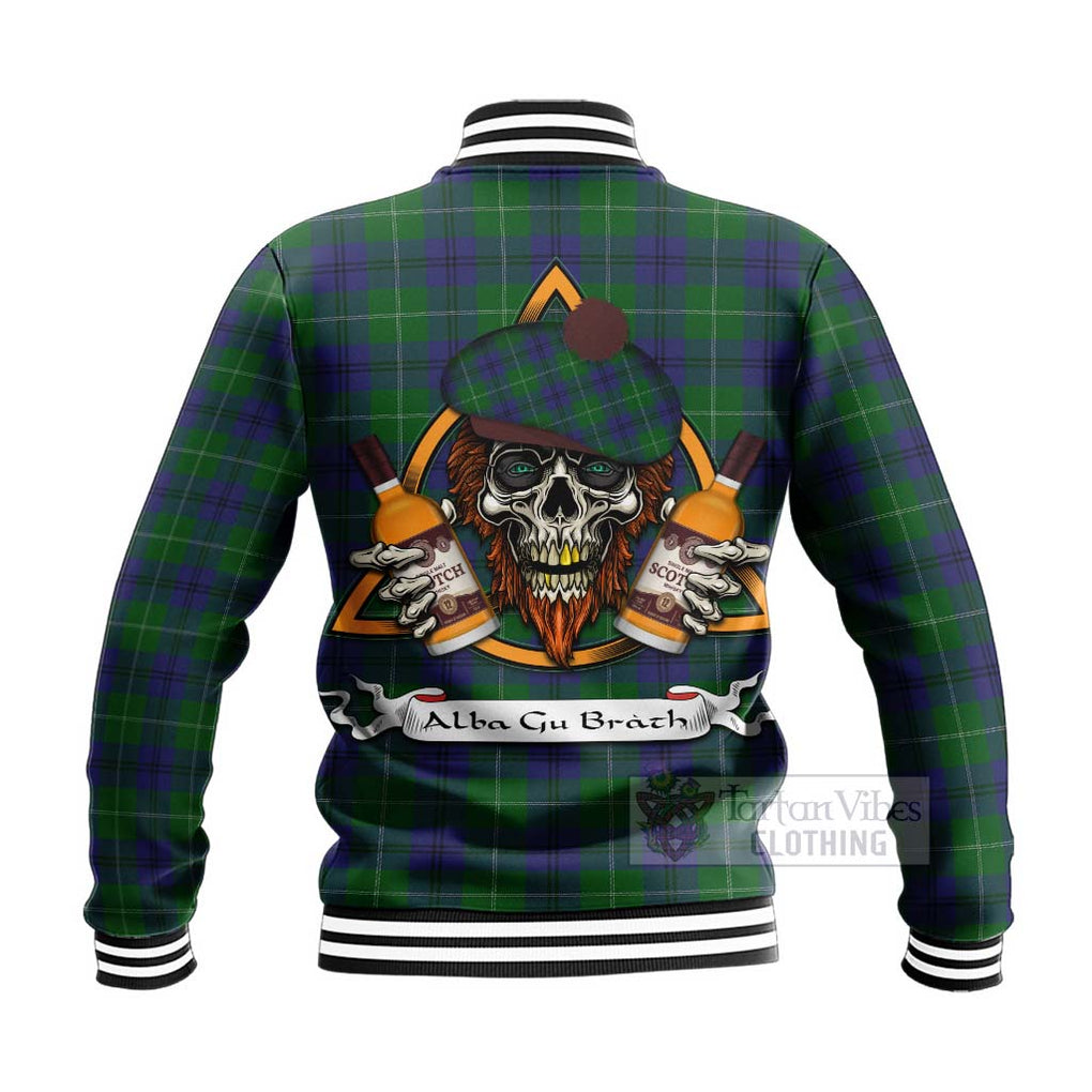 Oliphant Tartan Baseball Jacket with Family Crest and Bearded Skull Holding Bottles of Whiskey - Tartan Vibes Clothing