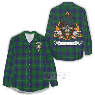 Oliphant Tartan Women's Casual Shirt with Family Crest and Bearded Skull Holding Bottles of Whiskey - Tartan Vibes Clothing
