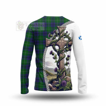 Oliphant Tartan Long Sleeve T-Shirt with Family Crest and St. Andrew's Cross Accented by Thistle Vines - Tartan Vibes Clothing