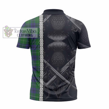 Oliphant Tartan Zipper Polo Shirt with Family Crest Cross Sword Thistle Celtic Vibes - Tartan Vibes Clothing