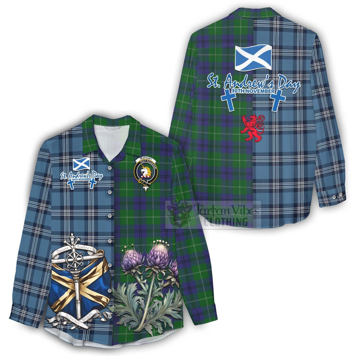 Oliphant Tartan Women's Casual Shirt Happy St. Andrew's Day Half Tartan Style - Tartan Vibes Clothing
