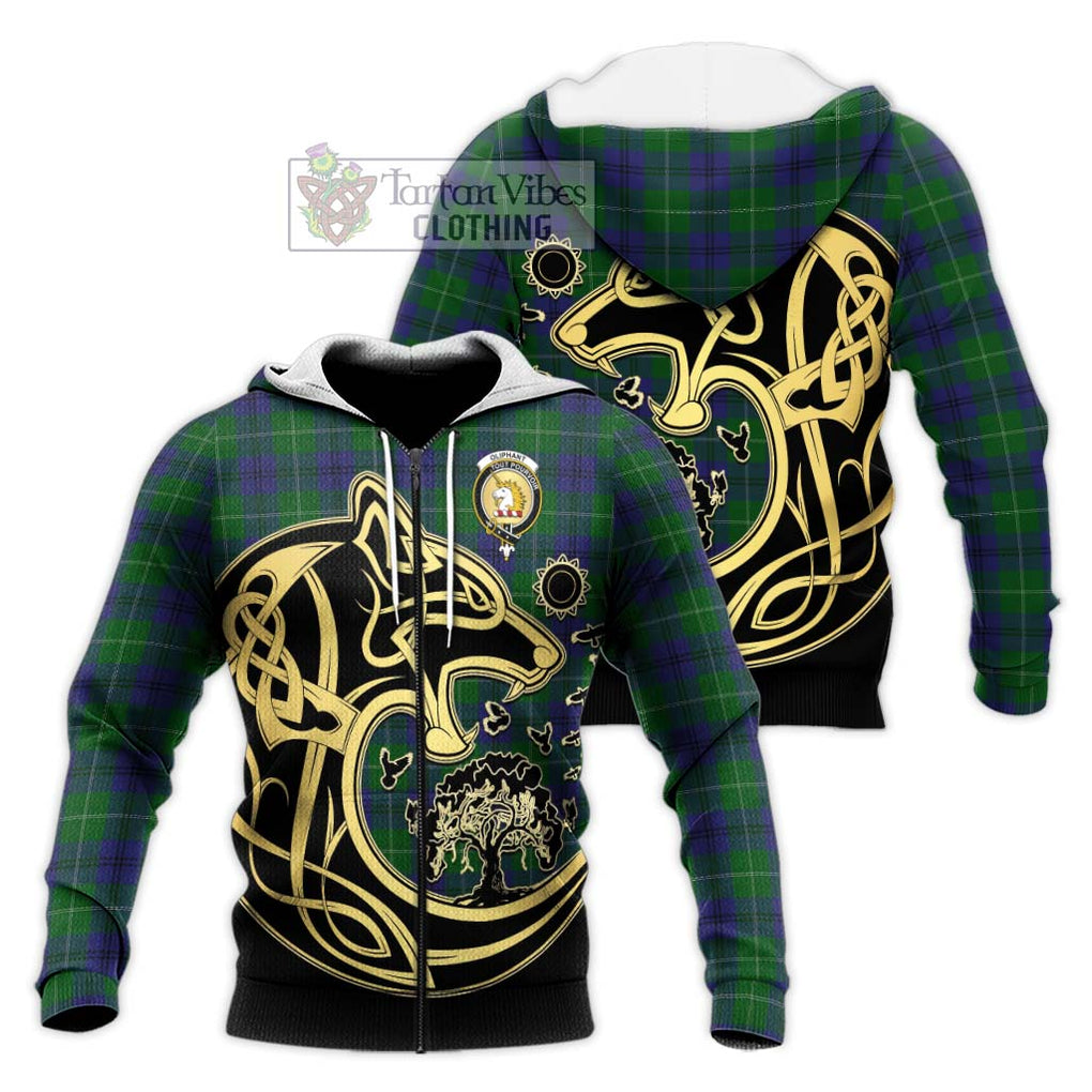Oliphant Tartan Knitted Hoodie with Family Crest Celtic Wolf Style Unisex Knitted Zip Hoodie - Tartan Vibes Clothing