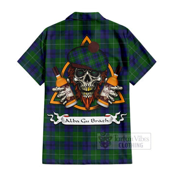 Oliphant Tartan Hawaiian Shirt with Family Crest and Bearded Skull Holding Bottles of Whiskey - Tartan Vibes Clothing