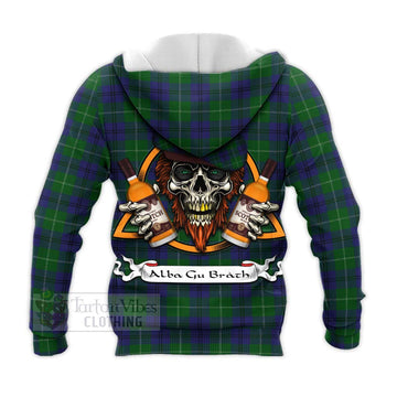 Oliphant Tartan Knitted Hoodie with Family Crest and Bearded Skull Holding Bottles of Whiskey - Tartan Vibes Clothing