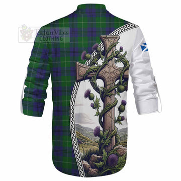 Oliphant Tartan Ghillie Kilt Shirt with Family Crest and St. Andrew's Cross Accented by Thistle Vines - Tartan Vibes Clothing