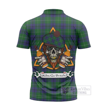 Oliphant Tartan Zipper Polo Shirt with Family Crest and Bearded Skull Holding Bottles of Whiskey - Tartan Vibes Clothing