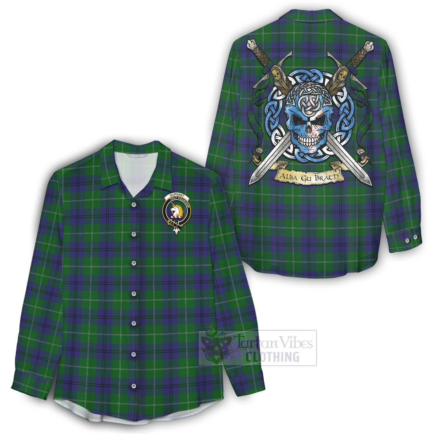 Oliphant Tartan Women's Casual Shirt with Family Crest Celtic Skull Style - Tartan Vibes Clothing