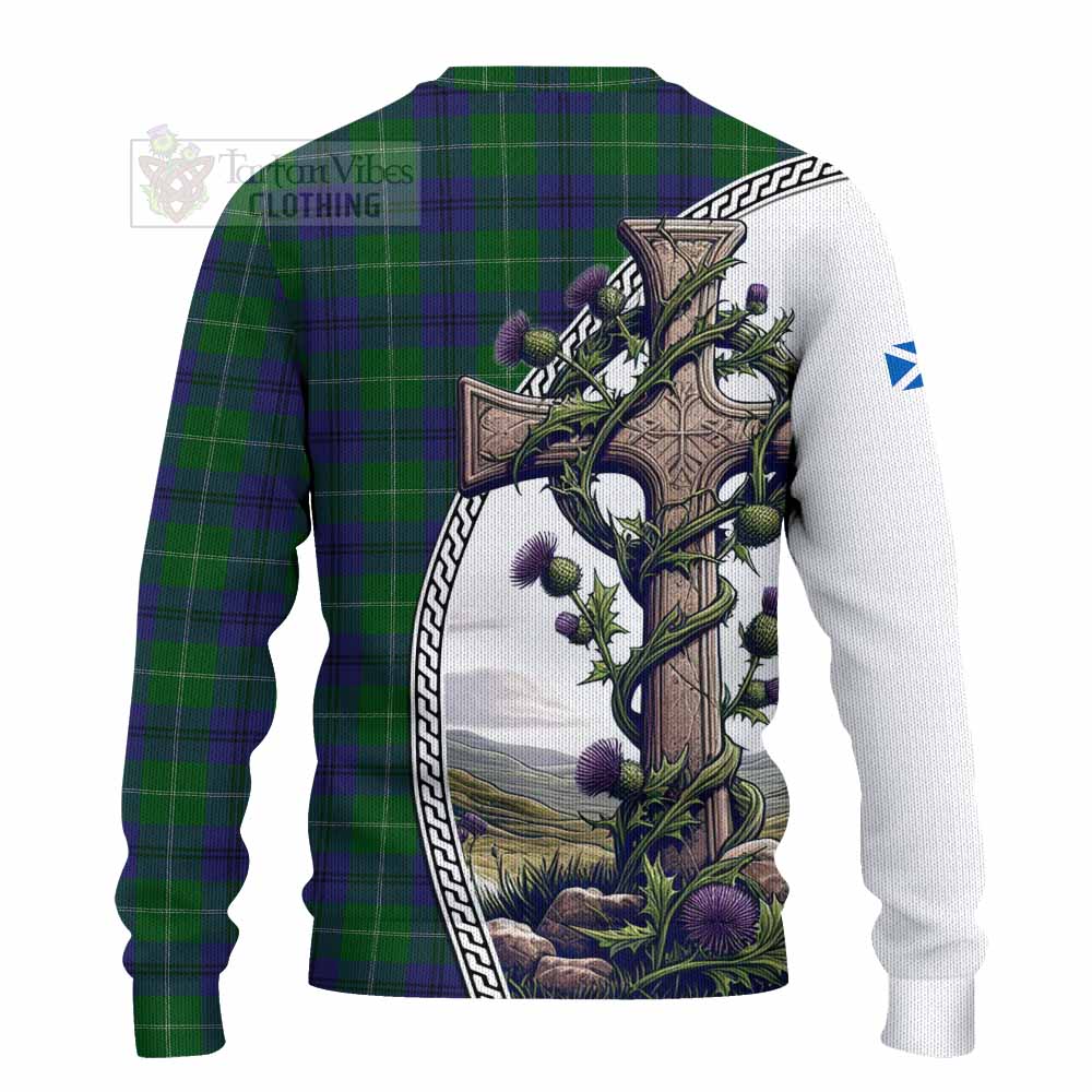 Oliphant Tartan Knitted Sweater with Family Crest and St. Andrew's Cross Accented by Thistle Vines - Tartan Vibes Clothing