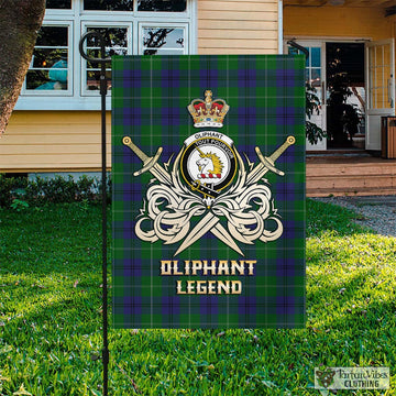 Oliphant Tartan Garden Flag with Clan Crest and the Golden Sword of Courageous Legacy
