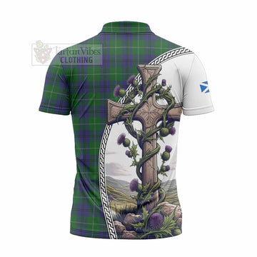 Oliphant Tartan Zipper Polo Shirt with Family Crest and St. Andrew's Cross Accented by Thistle Vines - Tartan Vibes Clothing