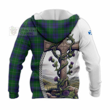 Oliphant Tartan Knitted Hoodie with Family Crest and St. Andrew's Cross Accented by Thistle Vines - Tartan Vibes Clothing