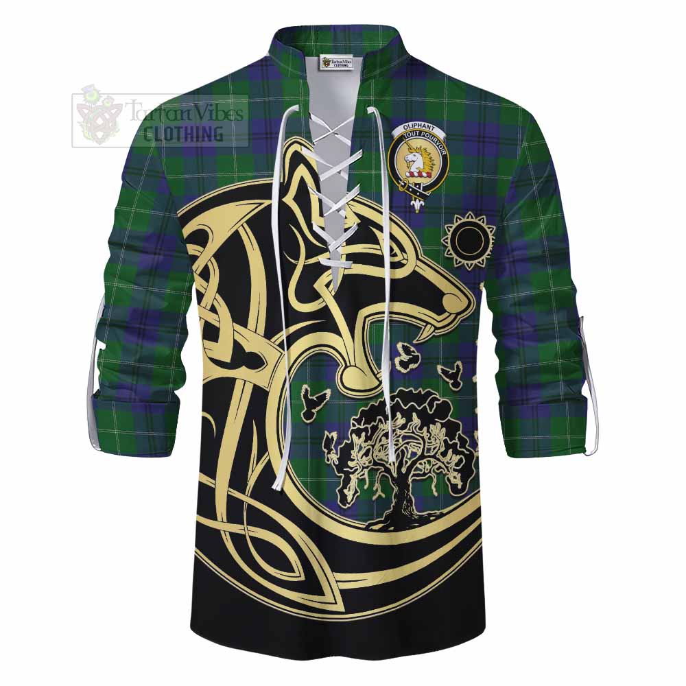 Oliphant Tartan Ghillie Kilt Shirt with Family Crest Celtic Wolf Style - Tartan Vibes Clothing