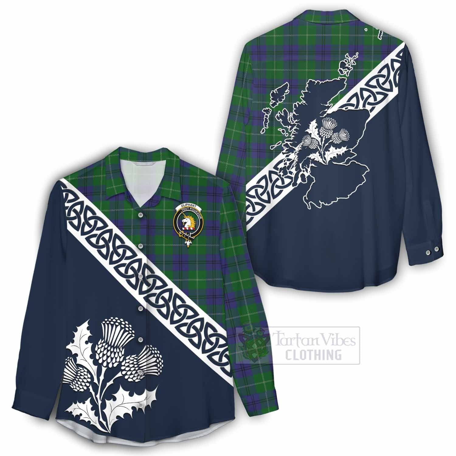 Oliphant Tartan Women's Casual Shirt Featuring Thistle and Scotland Map - Tartan Vibes Clothing