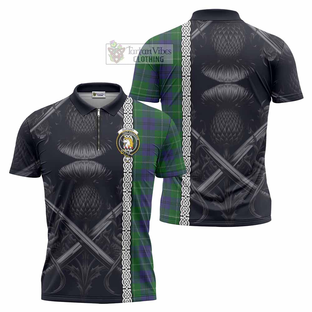 Oliphant Tartan Zipper Polo Shirt with Family Crest Cross Sword Thistle Celtic Vibes - Tartan Vibes Clothing