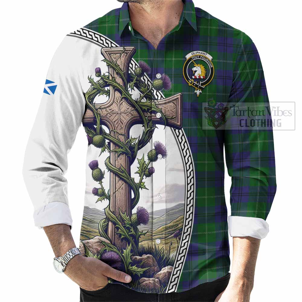 Oliphant Tartan Long Sleeve Button Shirt with Family Crest and St. Andrew's Cross Accented by Thistle Vines - Tartan Vibes Clothing