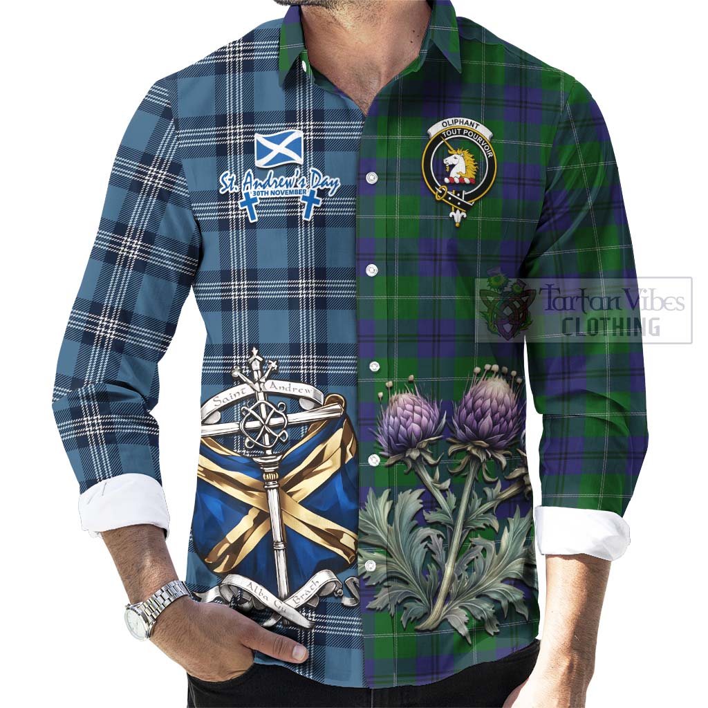 Oliphant Tartan Long Sleeve Button Shirt Happy St. Andrew's Day Half Tartan Style - Tartan Vibes Clothing
